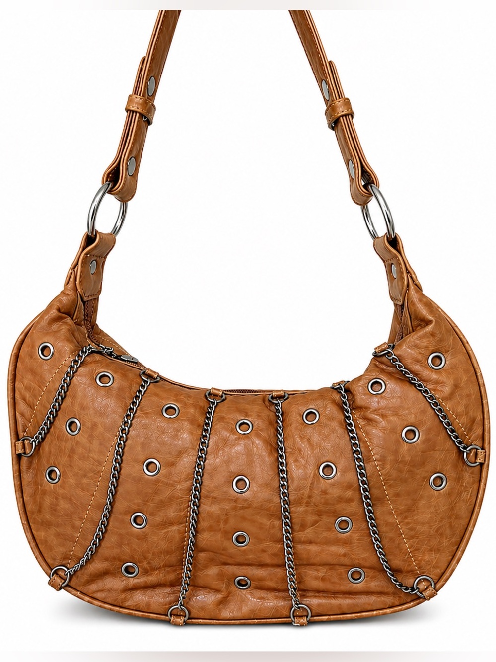 NWT-Grommet and Chain-Detailed Tan Hobo Shoulder Bag-Vegan Leather